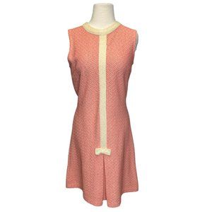 Vintage 50s 60s Pink Knit Dress Bow Cream Center Pleat Shift Sheath Medium Large
